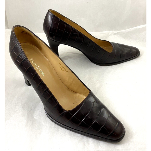 Ralph Lauren Pump Croc Embossed Brown Leather 3" Block Heel Classic 8.5 B - Picture 3 of 11